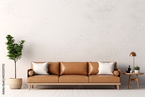 A brown leather couch sits in a living room with a wooden table and a plant on white wall background