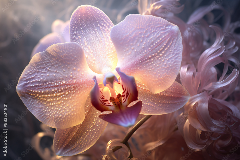 A close-up photo of orchid flower with dewdrops on petals A close-up photo of orchid flower with dewdrops on petals
