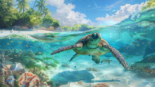 Tropical landscape with turtles and sea fishes photo