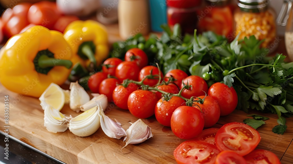 Fresh Vegetables and Herbs on Wooden Cutting Board Fresh Vegetables and Herbs on Wooden Cutting Board