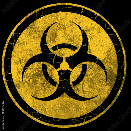 Dirty biohazard sing, round shape, yellow on black background 