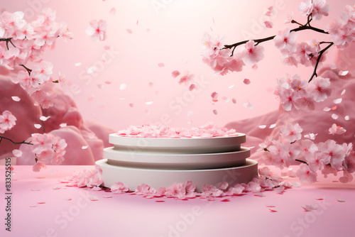 Elegant Podium with Cherry Blossoms, A Scenic Spring Background Featuring Blooming Sakura and Delicate Petals