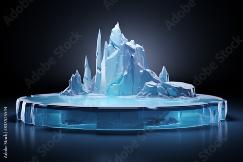 3D Clear Glass Podium on Stage with Snow-Capped Mountains in Background for Product Display Mockup and Elegant Showcase