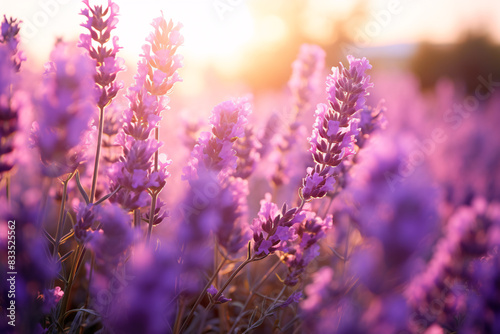 Close Up of Purple Lavender Field in Full Bloom: Sunlit Floral Scene Capturing Nature Beauty and Fragrance