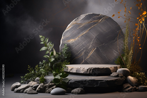 Round Stone Podium with Green Vines on Dark Background for Natural Showcase and Elegant Display
