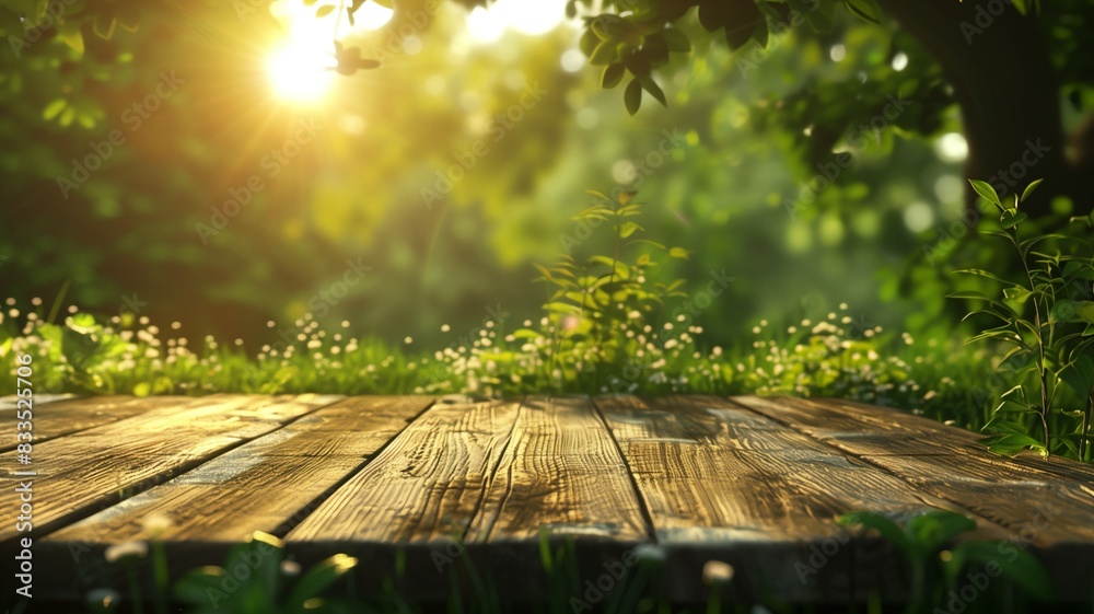 Rustic Wooden Board in a Meadow with Foliage and Sunlight for Product Display Rustic Wooden Board in a Meadow with Foliage and Sunlight for Product Display