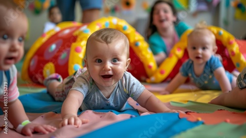 A group of babies crawling and playing together on a soft play mat, exploring their surroundings.
