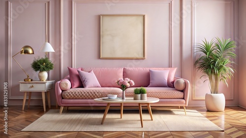 pink sofa  retro wooden table  mock up poster frame  decoration   carpet and personal accessories in elegant home decor