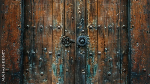 The texture of a rustic wooden door, aged and worn, with knots and grains that tell a story of time and use. © ZQ Art Gallery 