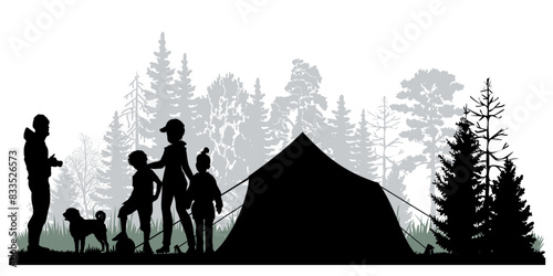 Family silhouettes on white background. Father, mother and children taking pictures against a tent in the forest. Vector illustration