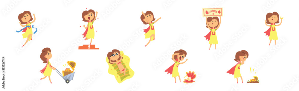 Lucky Woman Character Win Fortune Vector Set Lucky Woman Character Win Fortune Vector Set