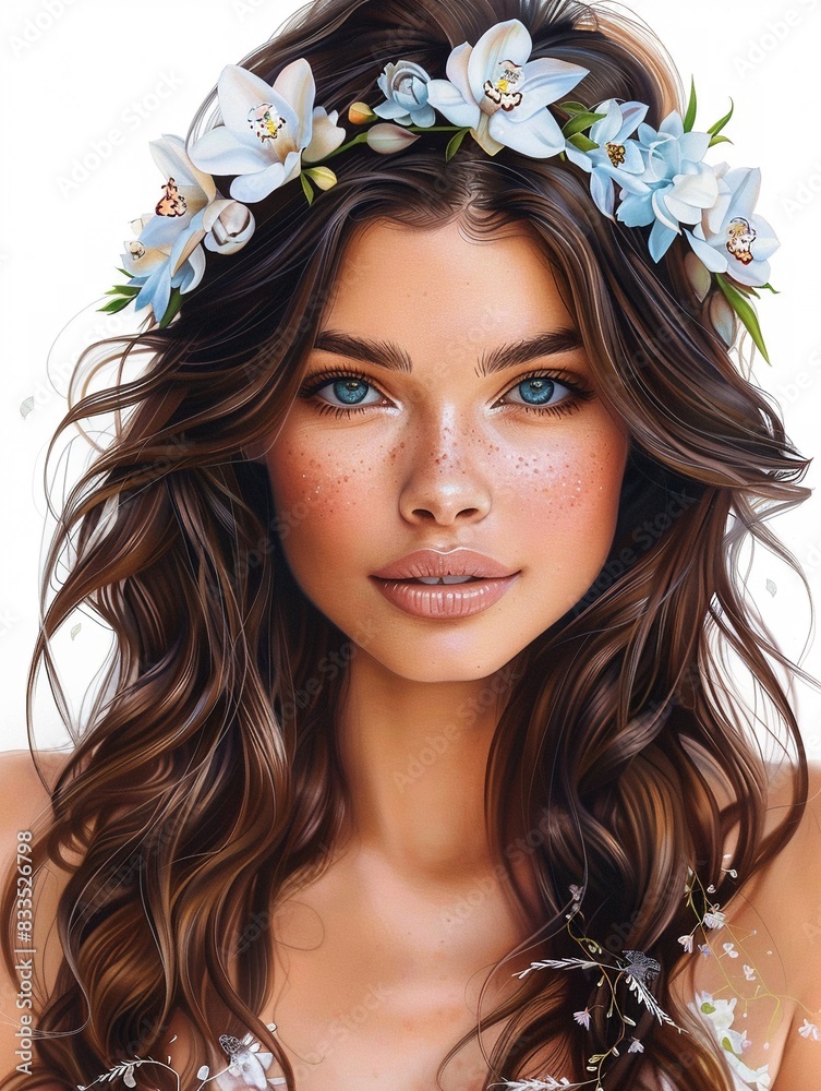 A beautiful bru model with loose waves, adorned with orchid flowers in her hair and on her dress, set against a pure white background Watercolor, Soft pastel tones A beautiful bru model with loose waves, adorned with orchid flowers in her hair and on her dress, set against a pure white background Watercolor, Soft pastel tones