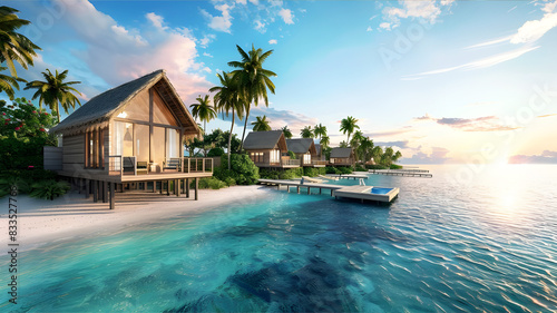 Panorama view with Luxury Bungalow, villas on beautiful exotic beach on the ocean. Paradise in the Maldives. Concept travel. Generation ai © Lucky Project