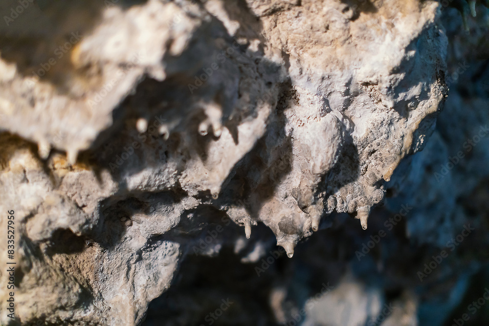 Lime stone stalactites in the cave - mineral formation that hangs from the cave's ceiling Lime stone stalactites in the cave - mineral formation that hangs from the cave's ceiling