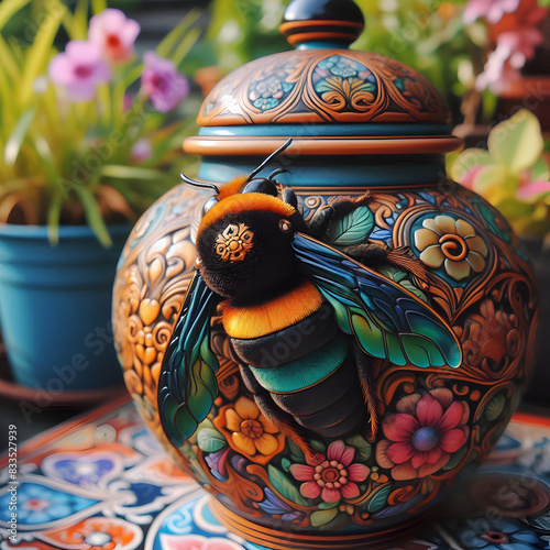 A bee is sitting on a beautiful and colorful vase with another pink flowers blue vase behind it.