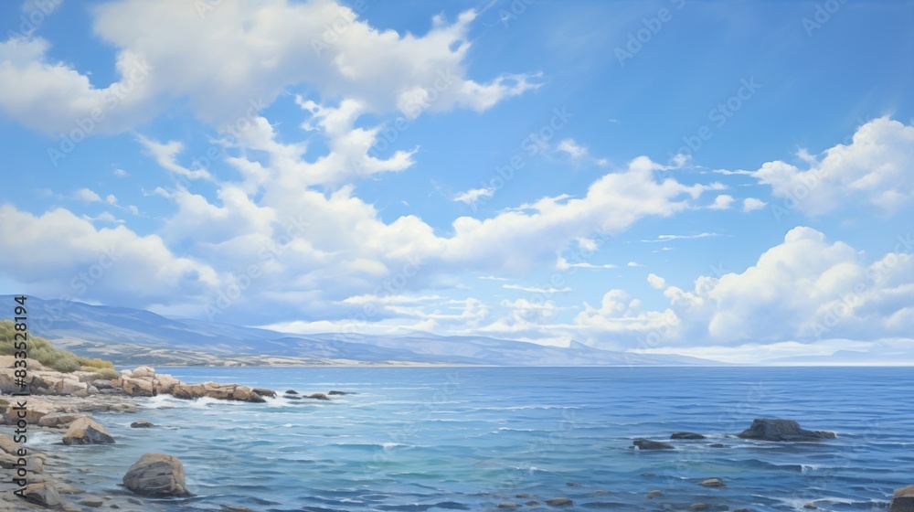 A Tranquil Coastal Scene with Blue Sky and Fluffy Clouds A Tranquil Coastal Scene with Blue Sky and Fluffy Clouds