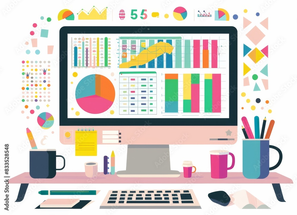 A flat illustration displaying data on an advertising company's computer screen, with colorful graphs and charts in the background A flat illustration displaying data on an advertising company's computer screen, with colorful graphs and charts in the background