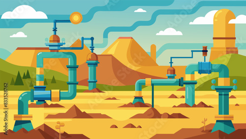 The swaths of land covered in pipes and pumps appear like a mechanical organism pumping the earth for its resources.. Vector illustration photo