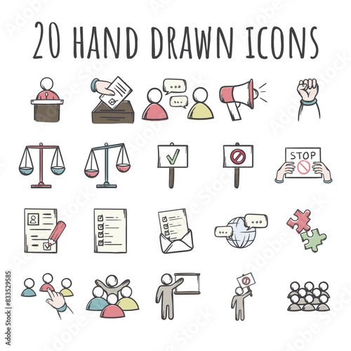 Simple vector set of icons related to politics, management, election campaign, court. Editable pictograms for website