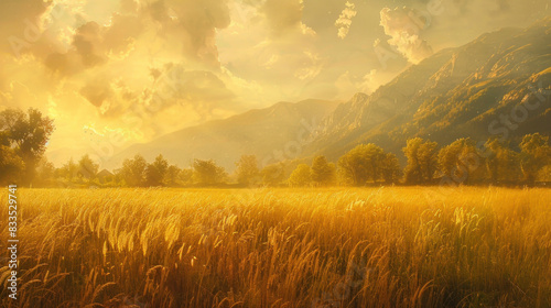 Golden fields sway gently in the breeze under the sun's warm glow. photo