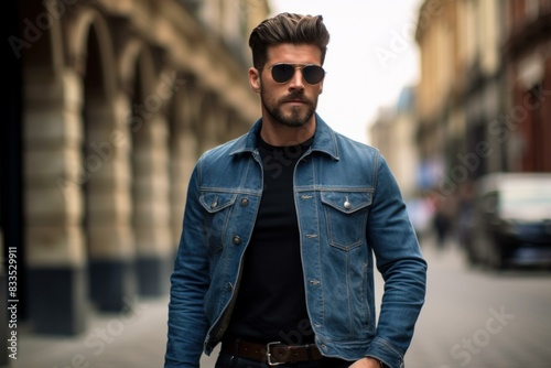 Confident young male with sunglasses and denim attire on a city street photo