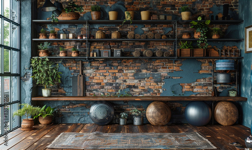 Rustic Home Gym with Fitness Equipment and Plants near Exposed Brick Wall in Modern Loft Setting photo