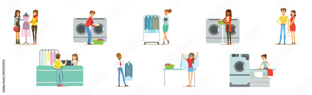 Laundry Service with Man and Woman Character Doing Clothes Washing Vector Set Laundry Service with Man and Woman Character Doing Clothes Washing Vector Set