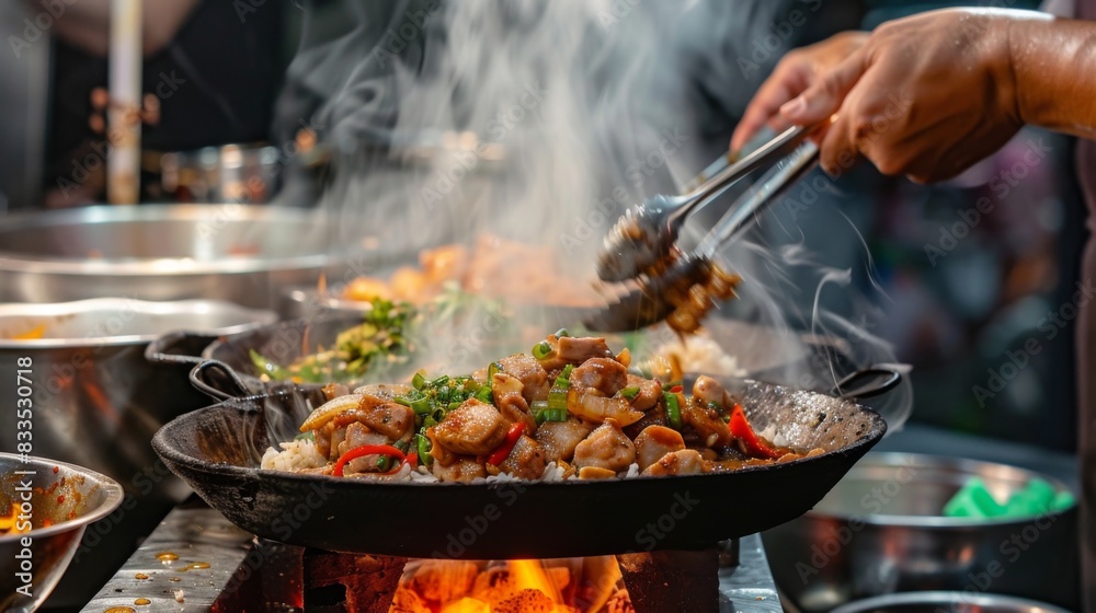 A street food vendor serving up aromatic grilled chicken rice bowls with tangy sauce and pickled vegetables. A street food vendor serving up aromatic grilled chicken rice bowls with tangy sauce and pickled vegetables.
