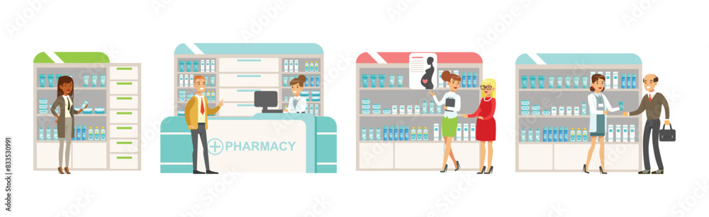 Smiling People Character at Pharmacy Store Choosing and Buying Drugs Vector Set
