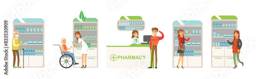 Smiling People Character at Pharmacy Store Choosing and Buying Drugs Vector Set