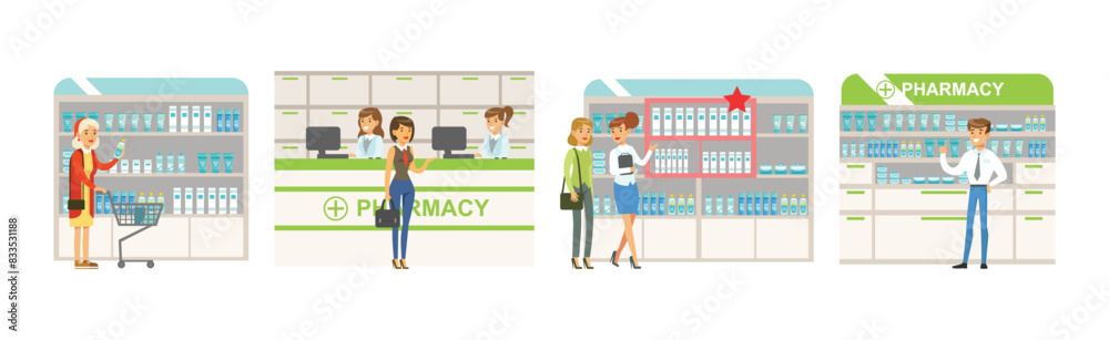Smiling People Character at Pharmacy Store Choosing and Buying Drugs Vector Set Smiling People Character at Pharmacy Store Choosing and Buying Drugs Vector Set