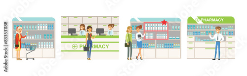 Smiling People Character at Pharmacy Store Choosing and Buying Drugs Vector Set