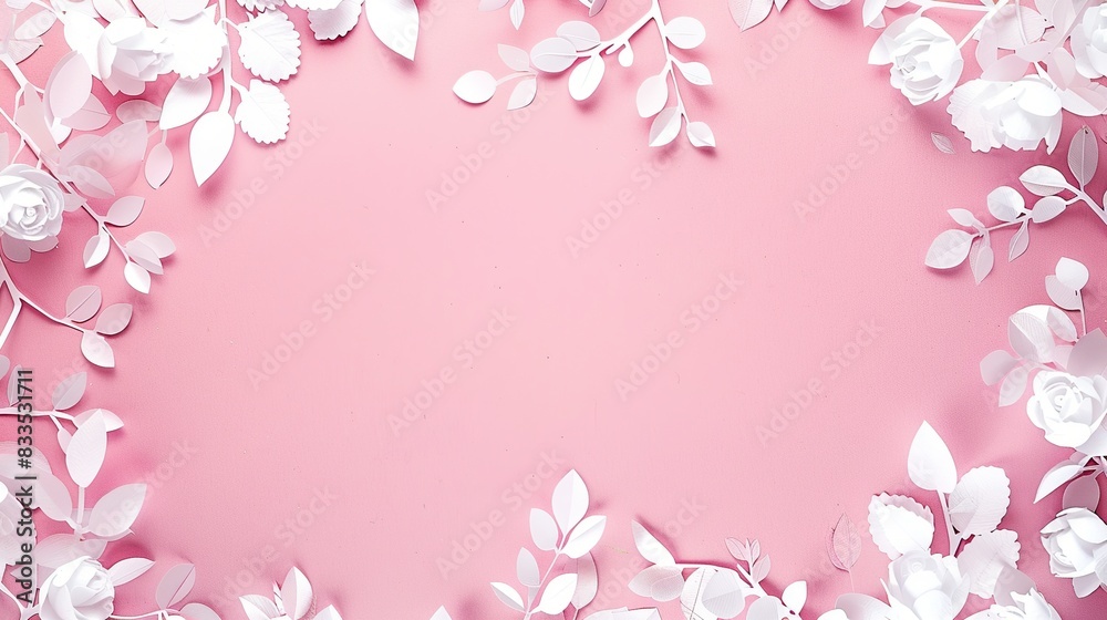 Frame of white branches with leaves on top right corner with blank space pink . Generative Ai Frame of white branches with leaves on top right corner with blank space pink . Generative Ai