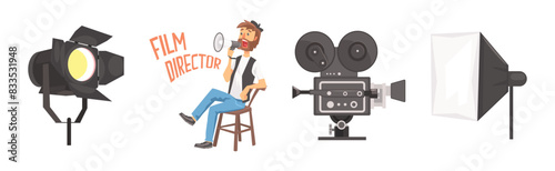 Film Director with Moviemaking Object and Item Vector Set