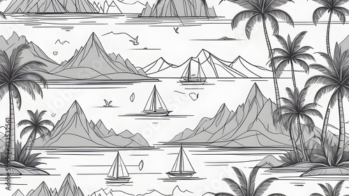 One line drawing tropical oasis island seamless pattern. Abstract landscape background with mountains, sea, coconut palm tree, yacht, birds continuous art. Generative AI
