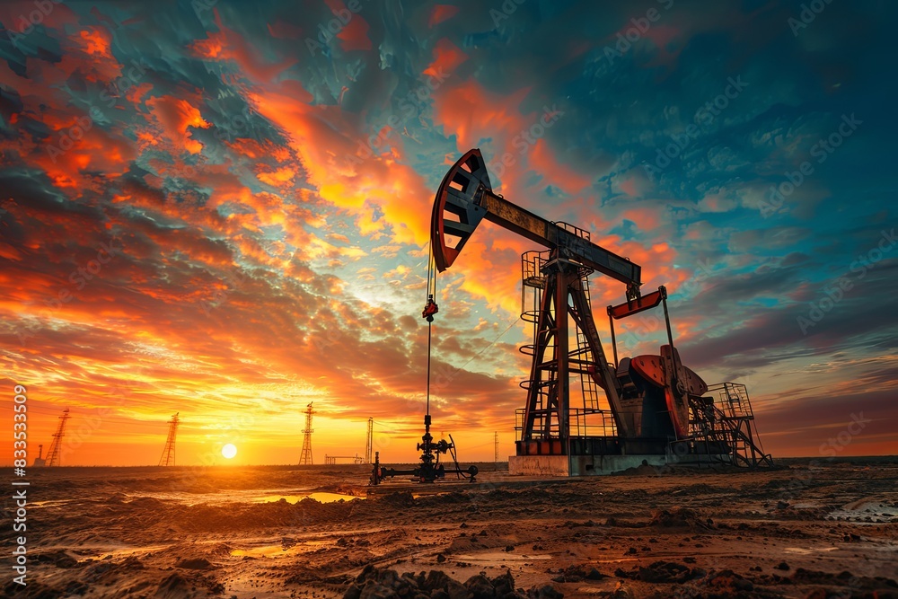 An oil pump in action at sea during sunset, extracting resources from beneath the waters surface An oil pump in action at sea during sunset, extracting resources from beneath the waters surface