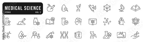 Medical lab icons set 2. Science, dna, molecules research line icon set. Editable strokes