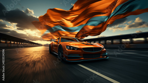Futuristic orange sport car on the road.