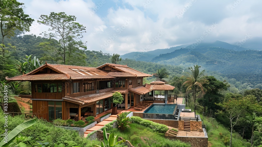 Traditional Architecture: Featuring traditional Kerala architecture with sloping roof tiles and intricately carved wooden details, the mountain house seamlessly blends with its natural surroundings Traditional Architecture: Featuring traditional Kerala architecture with sloping roof tiles and intricately carved wooden details, the mountain house seamlessly blends with its natural surroundings