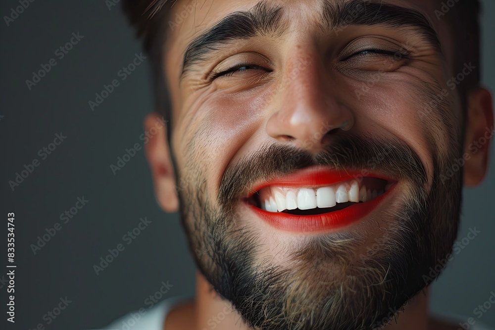A man with a beard is wearing red lipstick A man with a beard is wearing red lipstick