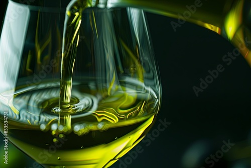 Close-up of olive oil pouring into a wine glass, with the liquid creating swirling patterns. The background is dark, emphasizing the golden-green hue of the oil photo