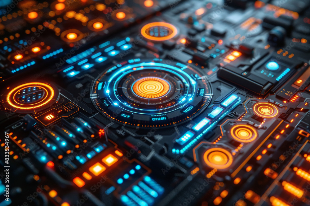 Abstract background with digital high-tech control panel and glowing neon indicator lights. Concept of cyber data processing, technological, engineering process Abstract background with digital high-tech control panel and glowing neon indicator lights. Concept of cyber data processing, technological, engineering process