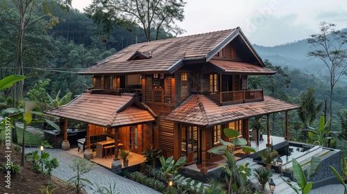 Traditional Architecture: Featuring traditional Kerala architecture with sloping roof tiles and intricately carved wooden details, the mountain house seamlessly blends with its natural surroundings 