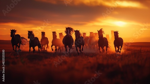 Wild Horses Galloping: Against the backdrop of a breathtaking sunset, a herd of wild horses gallops freely across the open plains, their flowing manes and tails trailing behind them as they embrace th