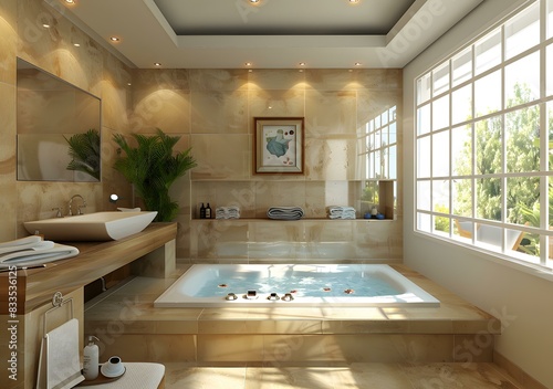 Bathroom interior with bathtub and large window