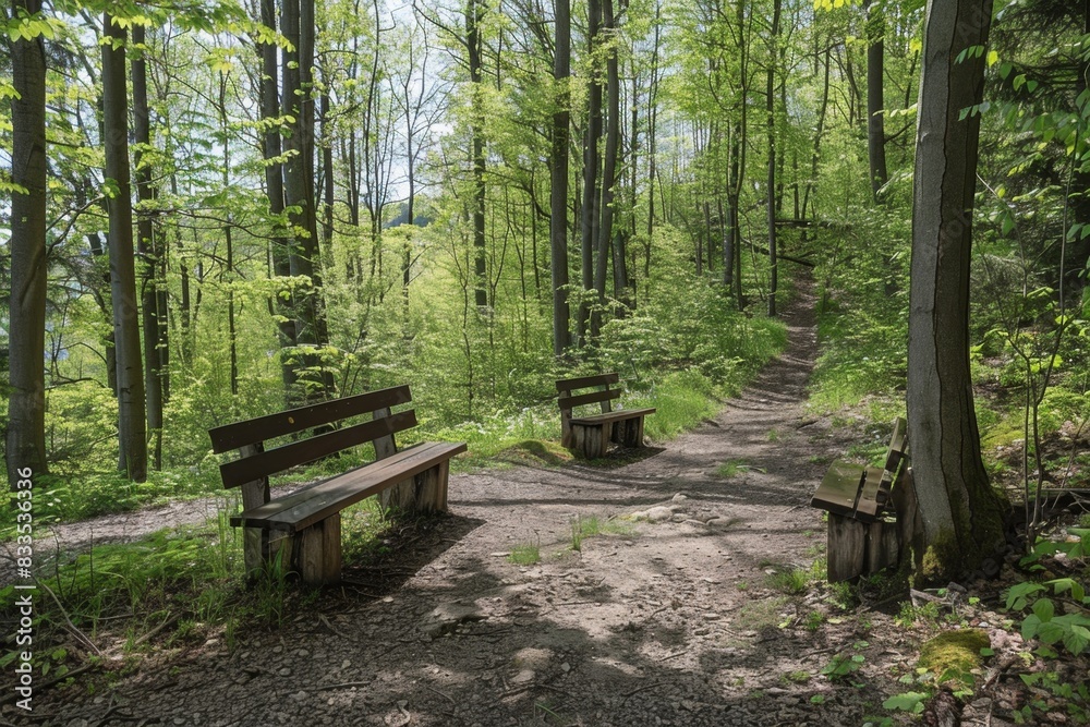 A path in a forest with two wooden benches