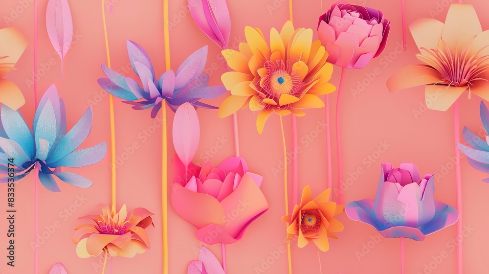 Unusual flowers flat design front view unique theme 3D render Split-complementary color scheme. Seamless Pattern, Fabric Pattern. Unusual flowers flat design front view unique theme 3D render Split-complementary color scheme. Seamless Pattern, Fabric Pattern.