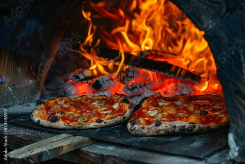 Pizza being baked in a traditional wood-fired oven 