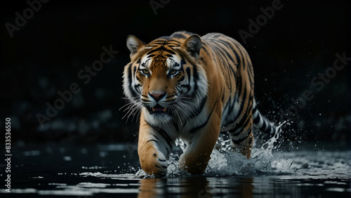 Tiger Playing in the Water in a Green Forest Stream majestic tiger playfully splashing water in a vibrant green forest stream. This powerful and dangerous animal showcases its wild nature and beauty 