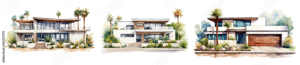 Fototapeta premium Watercolor illustration of a modern house set